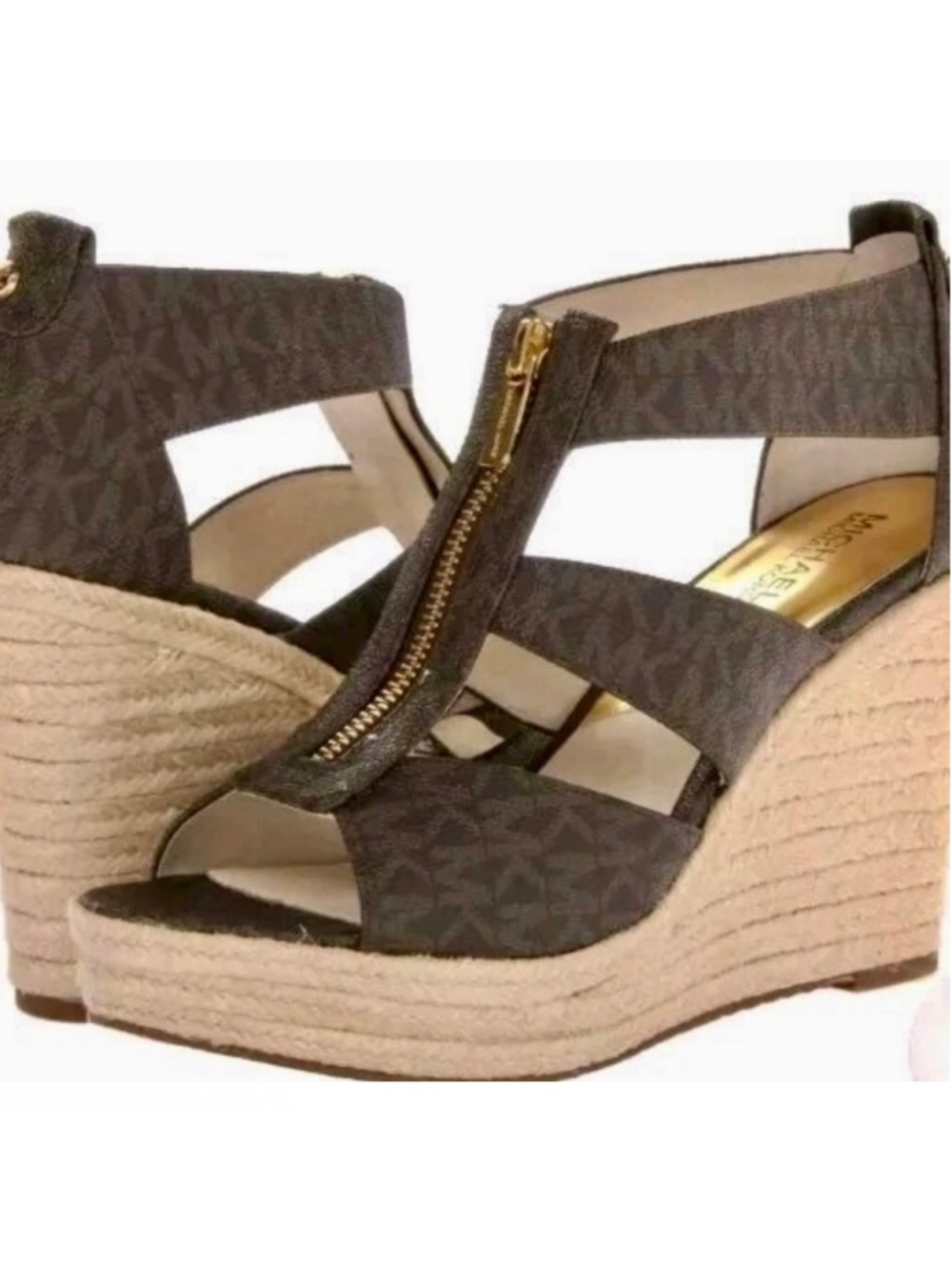 Women's Michael Kors Brown Logo Print Damita Espadrille Wedge Sandals 8